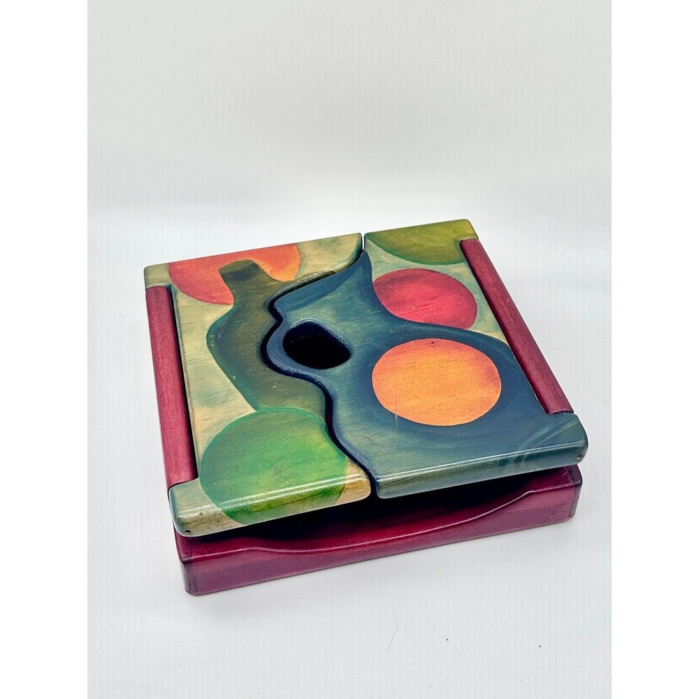 Painted Wood Jewelry Stash Store Box Abstract Art Deco Handmade Wooden Napkins